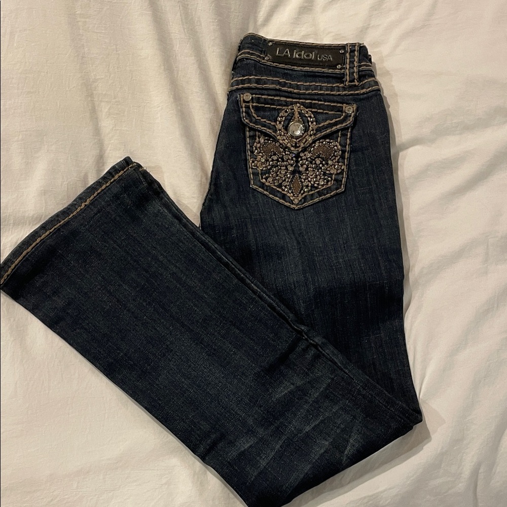 L.A. idol Women's Dark Blue Boot Cut Jeans with Embellished Pockets